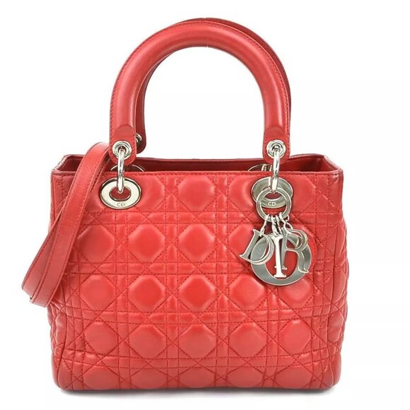 Auth Christian Dior Lady Dior Handbag Shoulder Bag Red/Silver Leather - Picture 1 of 16